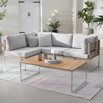 Produktbild von home24 Loungeset - 5-teilig - Webstoff / Teak Massiv