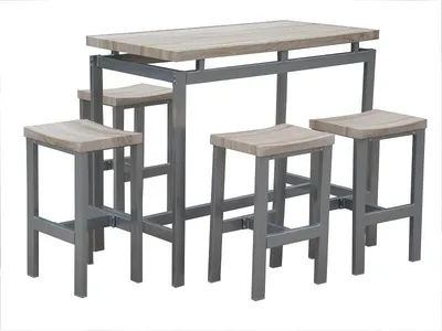 Immagine prodotto di Set design tavolo alto, bar + 4 sgabelli LE MANS. Set moderno stile industriale, legno e metallo.