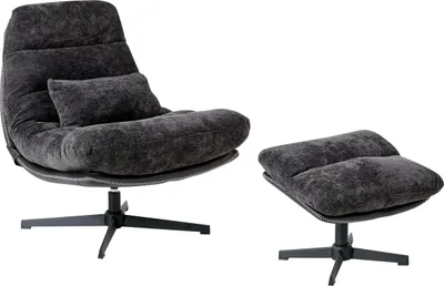 Produktbild von BELIANI Sessel mit Hocker Schwarz Chenille Stoff Gesteppt Drehfunktion Dicke Polsterung Ohne Armlehnen Retro Wohnzimmer Schlafzimmer Flur Ausstattung