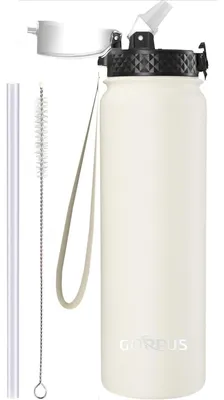 Produktbild von Thermosflasche 1L Edelstahl mit Strohhalm, doppelwandig, auslaufsicher, BPA-frei, beige