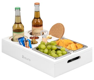 Productafbeelding van eluno Couchbar, serveerblad, bankblad van bamboe met roestvrijstalen snackkommetjes inclusief bekerhouder, wit