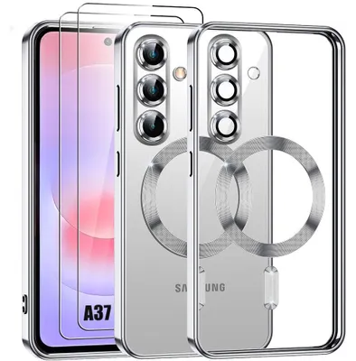 Image de Coque + 2 Verres Trempés pour Samsung Galaxy A37 5G, TPU Contour Argenté avec Cercle Magnétique