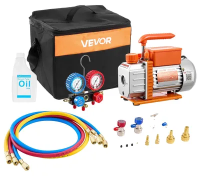Image de Pompe à vide VEVOR avec manomètre, 3,5 CFM 99 L/min, 180 W Pompe à vide à palettes à 1 étage, kit de pompe à vide pour R134a, R22, R410a, R1234YF & R32, avec sac de transport pour climatiseurs automobiles