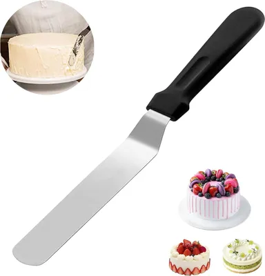 Produktbild von 6 Zoll Kuchendekoration Abgewinkelter Zuckergussspatel, Edelstahlklingenspatel Back Mit schwarzem Kunststoffgriff, Tortenspachtel, Winkelpalette Torte, für Torten für Haushalt, BäCkerei Oder KüChe