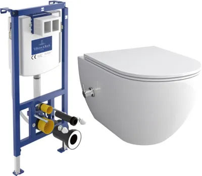 Produktbild von Alpenberger Dusch WC Komplett Set mit Villeroy & Boch Spülrandlos + Unterputz Spülkasten | Wand WC | Toilette mit WC Sitz mit Absenkautomatik (6250 Slim)