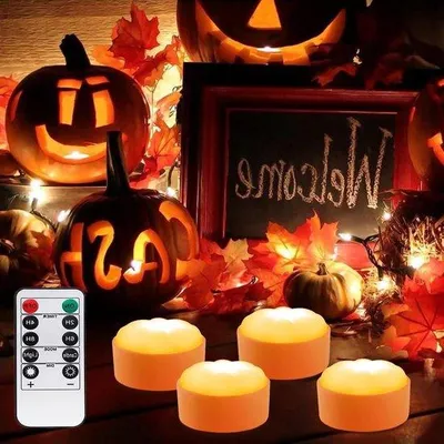 Immagine prodotto di Decorazioni di Halloween - Set di 4 lanterne a LED a forma di zucca con telecomando - Torcia con LED regolabile - Alimentazione a batterie.