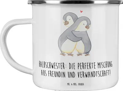Produktbild von Mr. & Mrs. Panda Teetasse Halbschwester Glück - Weiß - Geschenk, Familie, Pott, Patchworkfamilie, Freundin, Emaille Tasse, Geschwisterbeziehung, wandertasse, Teebecher