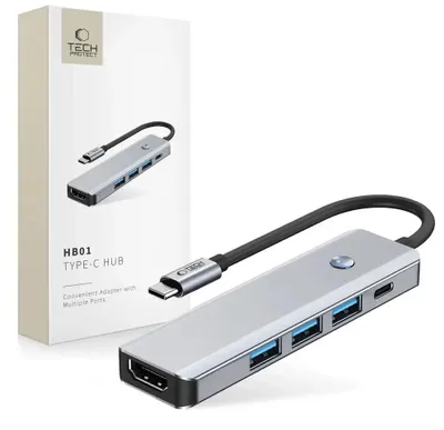 Zdjęcie produktu dla Adapter HUB Tech-Protect HB01 5w1 USB-C + USB3.0 + HDMI 4K 60Hz + PD100W - szary
