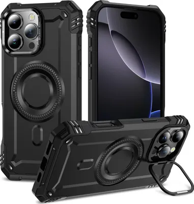 Immagine prodotto di Custodia magnetica per iPhone 16 Pro, robusta custodia protettiva militare con supporto ad anello per fotocamera Nero