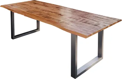 Produktbild von Esstisch Darwin 220 x 100 cm, Mangoholz massiv, lackiert & naturfarben, Baumkantentisch mit Metallgestell in Silber, echte Baumkante, 26 mm