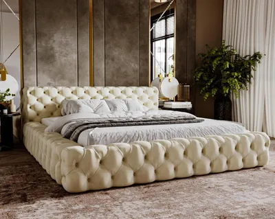 Image de Lit rembourré 160x200 Vigo - Lit Chesterfield en velours - Style glamour, coffre de rangement, sommier à lattes métallique - Beige