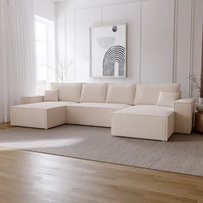 Image de Canapé d'angle en U avec fonction sommeil Bergamo - Canapé d'angle 375 cm avec coffre de lit, Canapé-lit U Beige (Anthology 3)