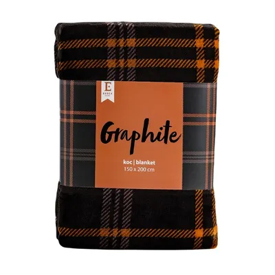 A folded blanket with a plaid pattern is presented on a white background. A label with product information is attached to the blanket.