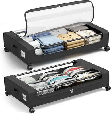 Produktbild von 2 Stück Unterbett-Aufbewahrungsboxen mit Rollen, 50 L, 16 cm hoch, mit transparentem Deckel, Unterbettkommode für Kleidung, Bettwäsche und Schuhe