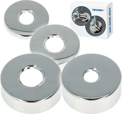 Four chrome-plated pipe escutcheons are arranged on a white background, with a small product box in the upper right corner.