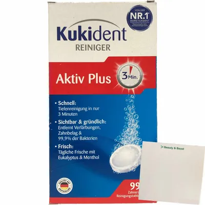 Produktbild von Kukident Aktiv Plus Zahnersatz-Reinigungstabletten (zur Reinigung der Drittzähne, 99 Stck) + usy Block