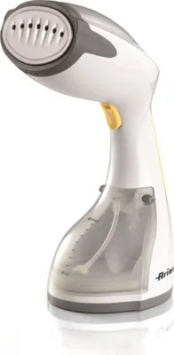 A handheld garment steamer is shown against a white background.