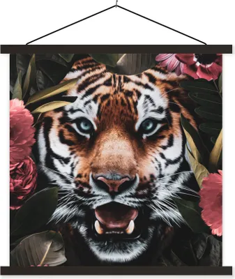 Produktbild von MuchoWow® Textilposter Tiger - Blumen - Dschungel 90x90 cm mit schwarzem Rahmen - Magnetisches