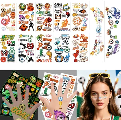 Imagen del producto de Tatuajes temporales de fútbol fluorescentes, 12 hojas, para niños y fiestas