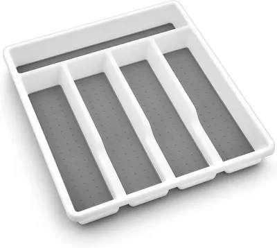 Produktbild von PolkaHome® Besteckkasten für Schubladen – 5 Fächer, Kunststoff, 32,2 x 28,8 x 4,5 cm, Weiß/Grau, rutschfest