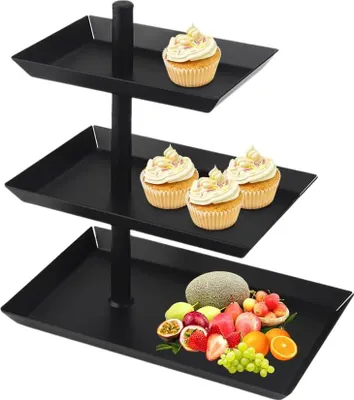 Produktbild von Schwarz Obst Etagere mit 3 Etagen, 360° Drehbares Obstschale, Etagere 3 Stöckig, Metall Drehbare Cupcake Ständer, Metall Food Display Servierplatte, Zubehörtablett für Zuhause für Dessert, Obst