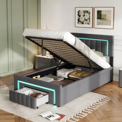 Produktbild von STILVORA Boxspringbett 90×200 cm mit Bettkasten, LED Polsterbett mit Schublade & Lattenrost, Samt Bettgestell aus Metall und Holz, Dunkelgrau, ohne Matratze