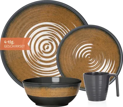 Produktbild von Camping Geschirr Set 1 Person 4-teilig | Melamin | Picknick Geschirrset | Campinggeschirr Stone Curry Design