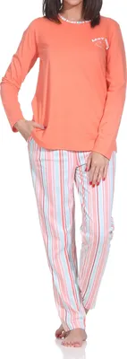 Productafbeelding van Normann Damenpyjama, lange mouwen, pyjama met elegante streepdessin – ook verkrijgbaar in grotere maten; oranje, maat 60