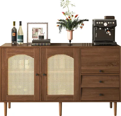 Zdjęcie produktu dla Komoda z drzwiami z rattanu i regulowanymi półkami, w stylu rustykalnym, o wyglądzie naturalnym, wymiary 130 x 40 x 75,5 cm, do salonu lub przedpokoju