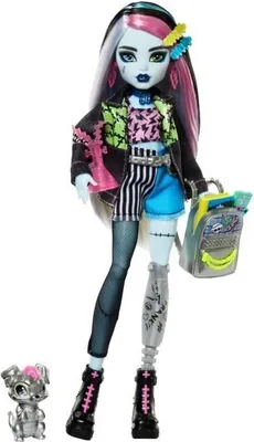Produktbild von Monster High Frankie Stein Puppe, Gelenkpuppe mit Watzie Haustier und Accessoires, Denim Jacke
