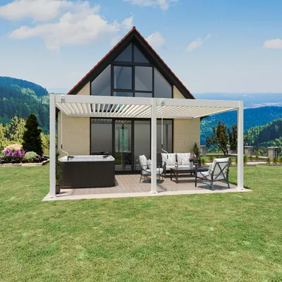 Produktbild von Weide Deluxe Wand-Pergola Voll-Aluminium 3,6x5,3m mit Lamellendach weiß