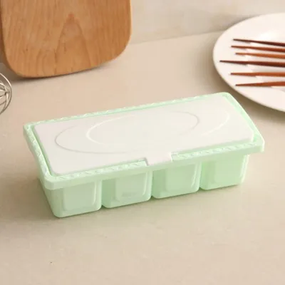 Zdjęcie produktu dla Plastikowe 4-siatkowe pudełko do przechowywania przypraw Zestaw pojemników na sól i przyprawy do kuchni (zielony)