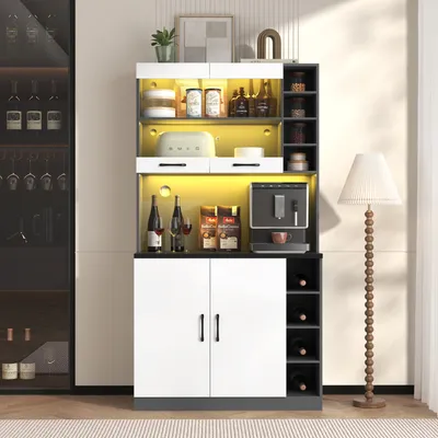 Zdjęcie produktu dla Szafka kuchenna Merax z oświetleniem LED i otworami na kable, wysoka płyta 100x47x187 cm - półki o regulowanej wysokości na kuchenkę mikrofalową, wolnostojąca
