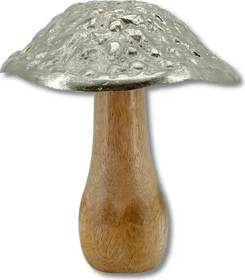 Produktbild von Mango-Holz und Metall Figur Pilz braun silber 12 x 15cm Dekofigur Wald-Deko Tisch Dekoration