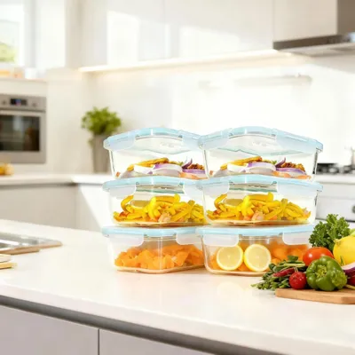 Immagine prodotto di Set di contenitori ermetici in vetro - 6 contenitori da 640 ml - Vetro borosilicato - Resistenti alle perdite - Adatti al forno e al congelatore - Senza BPA - Coperchio blu