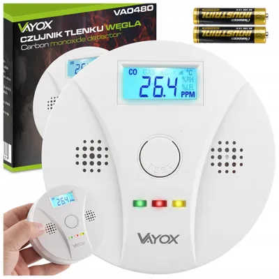 Obrázek produktu pro Vayox CO detektor VA0480, splňuje normu EN 50291-1 | Detektor oxidu uhelnatého s LCD displejem, 85 dB | Detektor varující před oxidem uhelnatým, baterie s výdrží 3 roky