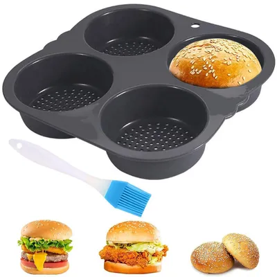 Obrázek produktu pro Silikonová forma na hamburgery, nepřilnavá, 4 kusy, rozměry 23,5 x 23,5 x 4 cm, perforovaná