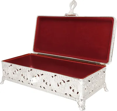 Image de Boîte à bijoux vintage en métal – boîte de rangement rectangulaire doublée de velours doux, traitée antirouille, pour colliers, boucles d'oreilles et bagues, argent, pour femmes