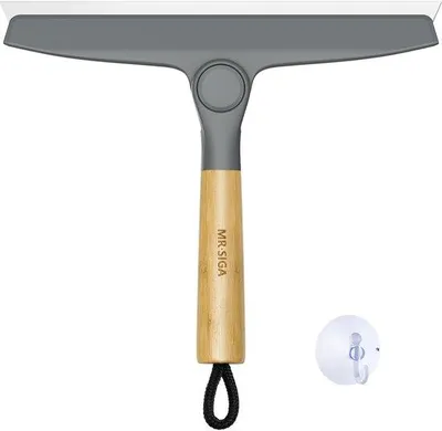 Obrázek produktu pro Silikonová stěrka na sprchu, zrcadlo a sklo, šířka 25 cm, šedá, s bambusovou rukojetí