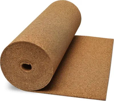 A roll of cork material is shown, partially unrolled on a white background.