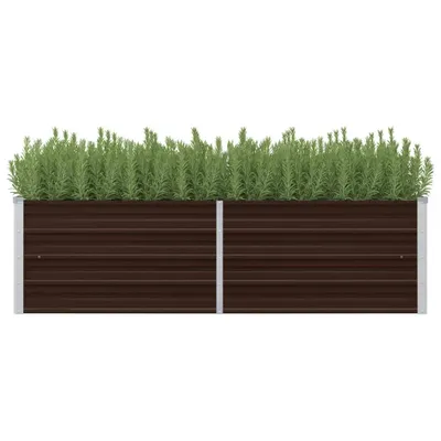 A brown metal raised garden bed filled with green plants, shown against a white background.