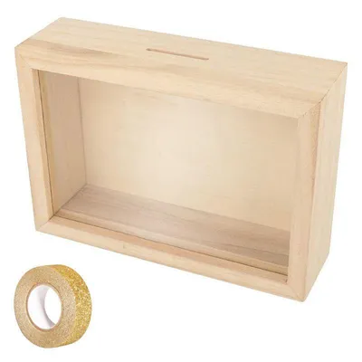 Produktbild von Sparbüchse Holzrahmen zum Gestalten 12 x 17 cm + Golden glitter band 5 m