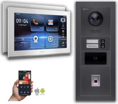 Produktbild von Goliath IP Video Türsprechanlage: 10-Zoll 2 Familienhaus, Fingerprint, RFID, Anthrazit  : 10 Zoll Weiß : 4er POE : Unterputzdose Anschluss: 4er POE Monitor Farbe: 10 Zoll Weiß Montage: Unterputzdose