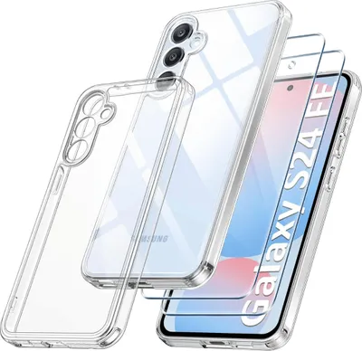 A clear phone case and screen protector are shown with a phone.