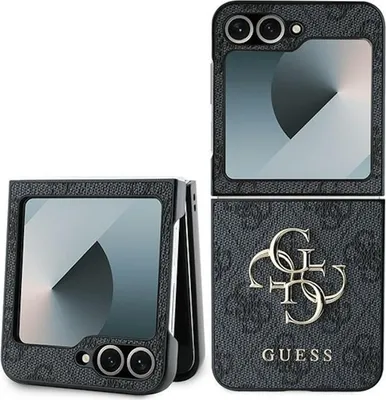 A black flip phone case with the Guess logo and branding, shown in both open and closed positions.