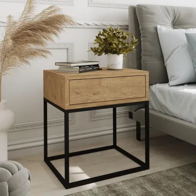 Produktbild von AX LIVING Nachttisch Kommode Aleio 45 cm Eiche Wotan schwarzes Gestell