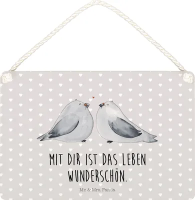 Produktbild von Mr. & Mrs. Panda Schild Turteltauben Liebe DIN A5 - Grau Pastell - Geschenk, holzbild, Holzschild, Türschild, Freundin, Dekoschild, wandtafel, Hochzeitstag, Partner