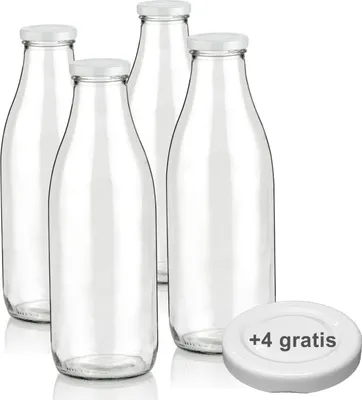Produktbild von Geniess-Bar! 4 Glasflaschen 1 Liter mit 8 Deckeln, Weithals 44mm, Ø 88mm, Höhe 258mm, 412g – BPA-frei, wiederverwendbar, Deckel öl-/hitzebeständig bis 115°C, für Heißfüllungen, zum Einkochen & Lagern, mobil
