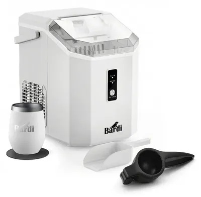 Produktbild von Bardi 1,1 l – Quadratische Eiswürfelmaschine – Crushed Ice – 15 kg/24 Std – Thermoskanne – Weiß mit schwarzer Zitruspresse