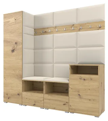 Produktbild von Garderobe NELA X 200 cm Modulare Flurmöbel Artisan Eiche mit Sitzpolster Creme 01 (Schrank + Sidelboard)